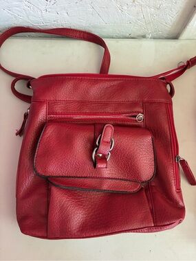 Women's Red Faux-Leather Crossbody Bag with Front Pocket